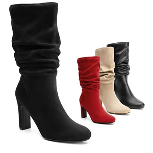 Women Mid Calf Boots Classic Almond Toe High Heel Fall Winter Dressy Boots - Picture 1 of 27