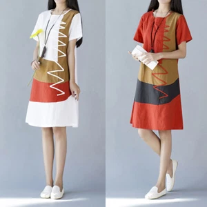 Damen Kurzarm Spleiß A-Linie Midikleid lose Tunika Top ethnisch lässig Mode - Bild 1 von 13