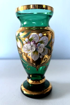 Vtg Czech Bohemian Green Glass 4.75" Boxed Vase Hand Painted Floral & Gold Trim - Image 1 of 4