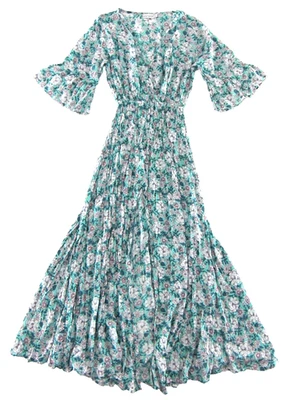 Tiare Hawaii Blue Pink White Floral 1/2 Sleeve V-Neck Long Maxi Slit Dress Small - Image 1 of 4
