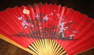 VTG Large Decorative Asian Japanese Paper Bamboo Wall Fan Red Cherry Blossom Rib - Picture 1 of 5