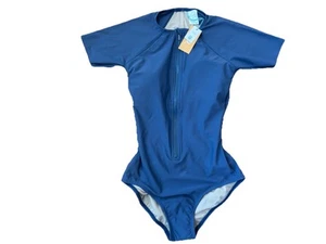 Kona Sol Women's Small Short Sleeve One Piece Blue Swimsuit Zip Rash Guard NEW - Picture 1 of 6