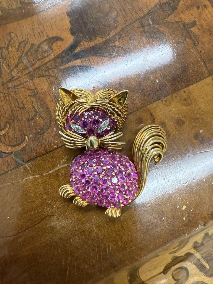 TIFFANY & CO. 18k Yellow Gold, Ruby & Diamond Cat Clip Pin Brooch Vintage 1960s - Image 1 of 4