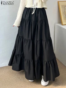 Women Fashion Tiered Maxi Skirt Elastic Waist Casual Solid Color A-line - Picture 1 of 12