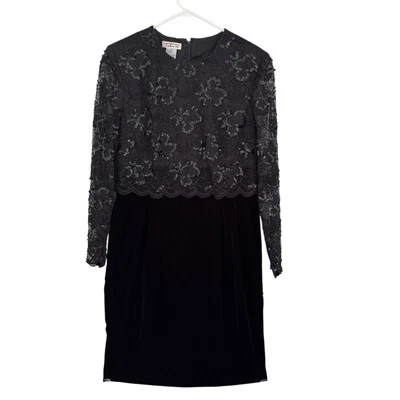 Vintage Talbots 10 Black Velvet Cocktail Dress Sheer Lace Beads Sequins Evening - Image 1 of 4