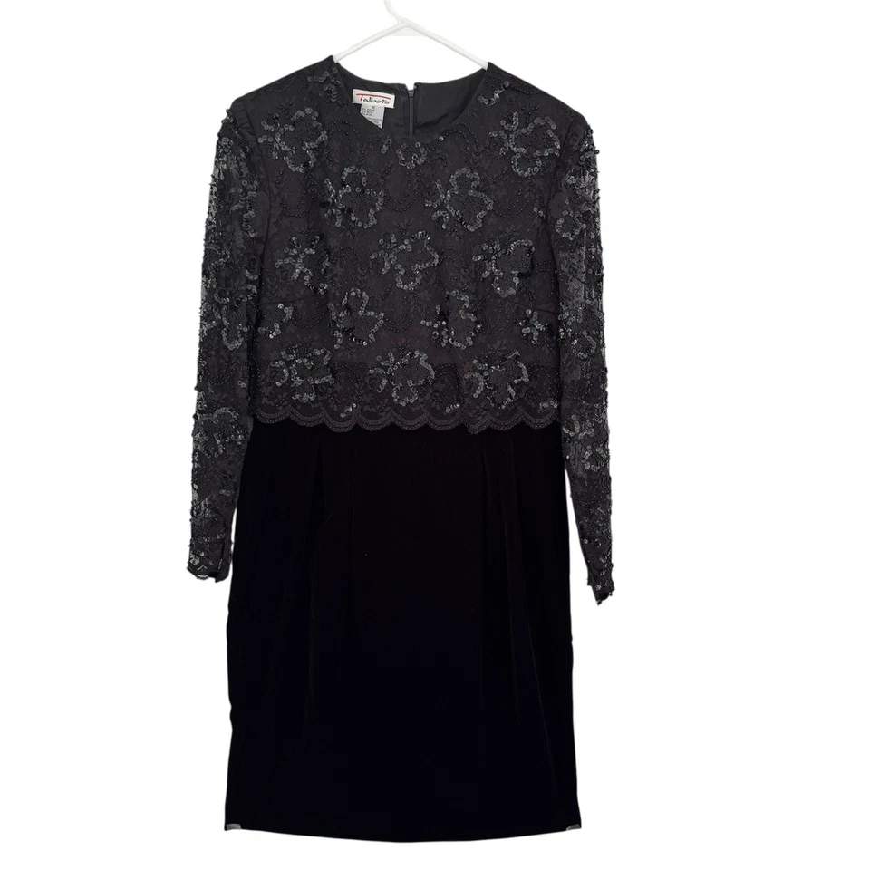 Vintage Talbots 10 Black Velvet Cocktail Dress Sheer Lace Beads Sequins Evening - Image 1 of 4