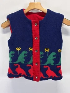 Vtg Kids Reversible Knit Corduroy Vest Sz Large Red Dinosaurs Sweater Boys Girls - Picture 1 of 9