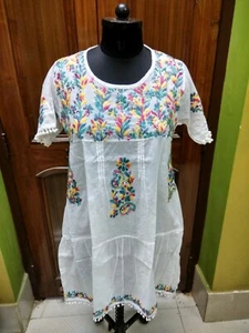 TUNICA KURTA KURTI S 38" 100% COTONE MALMAL TOP ETNICO FATTO A MANO RICAMO CHIKAN - Foto 1 di 6