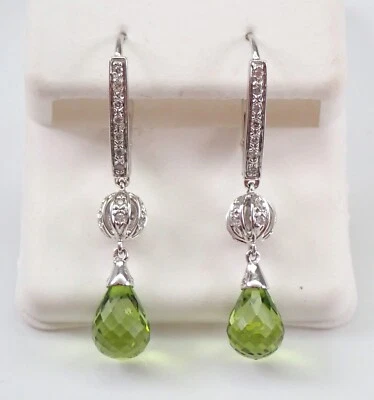 14K White Gold Diamond and Peridot Briolette Dangle Drop Earrings - Image 1 of 4