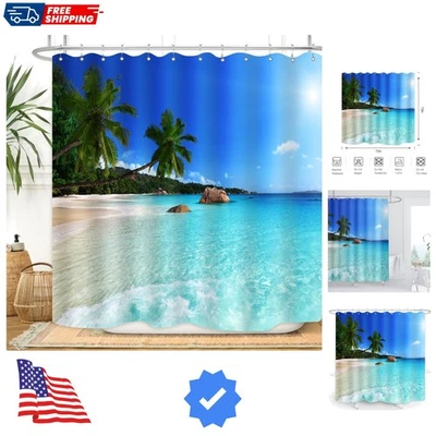Cortina de chuveiro Ocean Beach céu azul mar palmeiras tropicais paisagem litorânea... - Imagem 1 de 4