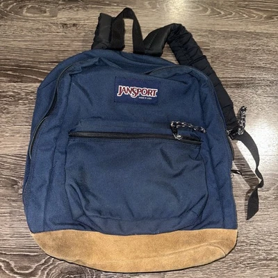 复古 JanSport 麂皮绒皮革底部背包蓝色远足美国制造步道 — 第 1/4 张图片