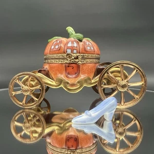 Limoges Cinderella Pumpkin Carriage Trinket Box W Rolling Wheels & Glass Slipper - Picture 1 of 17