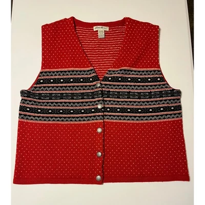 De Colección Y2K Eddie Bauer Mujer Fair Isle Tejido Chaleco Rojo Copo de Nieve Botones XL Abuela Foto 1 de 4