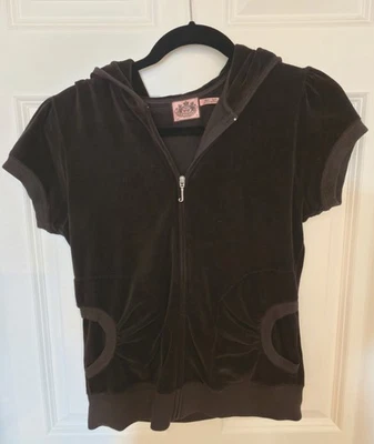 Juicy Couture Y2K коричневый бархат толстовка с капюшоном молнии верхний L королева вещей графический J тянуть - Изображение 1 из 4