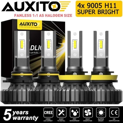 4x Fanless H11 H8 + 9005 LED Headlight Bulb 6500K High Low Beam For Ram Ford GMC - Image 1 of 4
