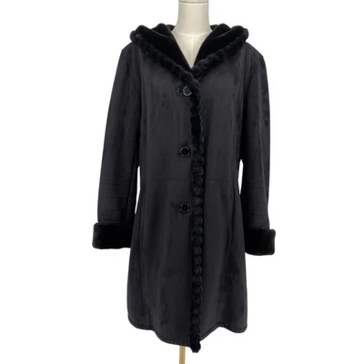 黑色人造毛皮衬里素食suade连帽便士车道哥特外套XL哥特式巫婆 — 第 1/4 张图片