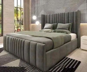 Panel Winged Plush Velvet Full Upholstered Bed and mattress Double King Size - Picture 1 of 5