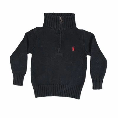 Polo Ralph Lauren Suéter 1/4 Cremallera Pullover Cuello Simulado Negro Rojo Poni Algodón 3T Foto 1 de 4