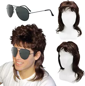 Herren Vokuhila Perücke Braun Lockig Männer Blonde 80Er Mullet Perücke 2 Stücke - Bild 1 von 12