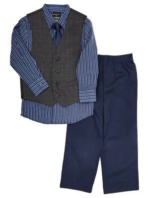 Traje de 4 piezas para niños negro y azul traje de vestir camisa de vacaciones pantalones con corbata y chaleco Foto 1 de 2