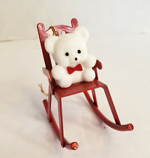 Flocked Teddy Bear on a Red Metal Rocking Chair Christmas Ornament Avon 2 inch