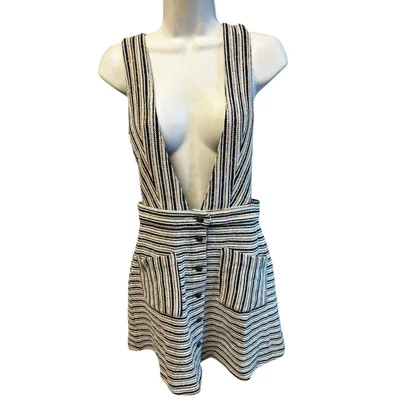 Modcloth Textured Haute On The Horizon Striped Button Down Jumper Overalls Sz L - Image 1 of 4