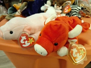 Ty Beanie Babies SNORT Bull 1995 & SQUEALER Pig 1993 8" - 9" new RARE With Tags - Picture 1 of 5