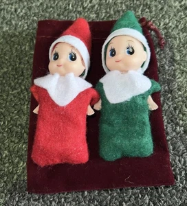 Vtg Christmas Felt Elves Set 2 Rubber Face Baby Kid Elf 1950s - Picture 1 of 7