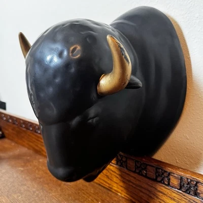 Arte de frontera de pared busto cabeza de búfalo bisonte cerámica oro negro mate vintage Foto 1 de 4