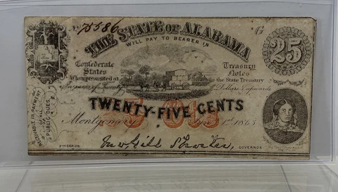 1863 25¢ The State of Alabama Montgomery, AL Obsolete Note Cr#6 Cover