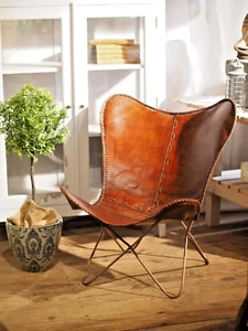 Vintage Antique Leather Lounge Accent Butterfly Relax Arm Lounge Chair Folding - Picture 1 of 10