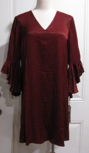 NWT Calvin Klein Red Burgundy Herringbone V Neck Ruffle Sleeve Dress 10 - Picture 1 of 5