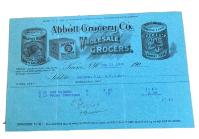 De colección 1909 Abbott Grocery Co Venta al por mayor supermercados Billhead Keene New Hampshire NH Foto 1 de 2