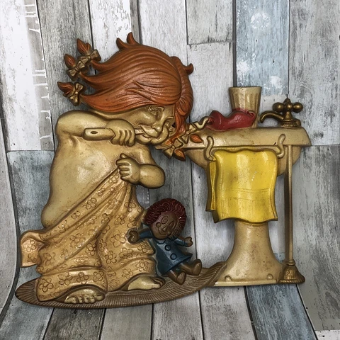 VTG 1974 Sexton Metal Little Girl Brushing Teeth in Bathroom. Wall Decor USA Cover