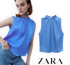 Zara Blue Pleated Satin Effect Top Sz S