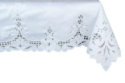 54x72" Rectangular Embroidered Polyester Tablecloth 6 Napkins White Wedding - Image 1 of 4