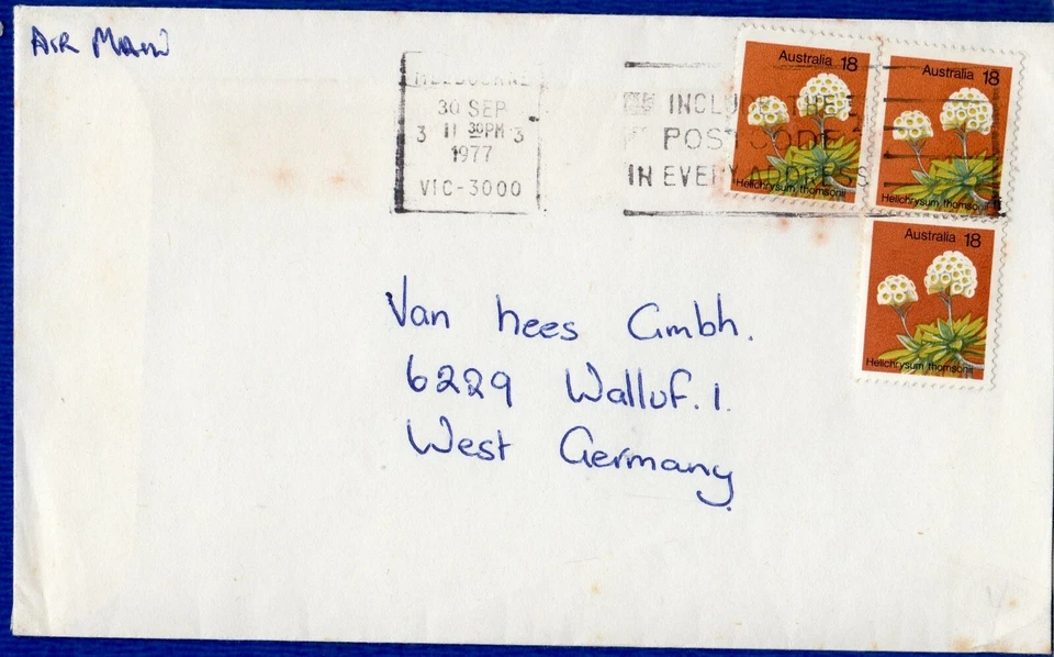 australia - ENVELOPE with 3 STAMPS of 18 c. for GERMANY , USED 30.9.1977 - Image 1 of 1
