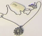 NWT FOSSIL Silver Metal-tone & Clear Rhinestone Flower Pendant Necklace