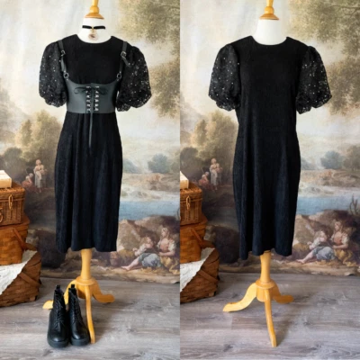 Vintage 80s Leslie Fay Black Dress Sheer Lace Puff Sleeves Pearls Gothic Party  - Image 1 of 4