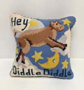 VTG Needlepoint Pillow "Hey Diddle Diddle" Cow Over A Moon Handmade 10" x 10" - Picture 1 of 8