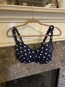 Land's End Polka Dot Bikini Top Size 16W Navy Blue Nylon Spandex - Foto 1 di 8