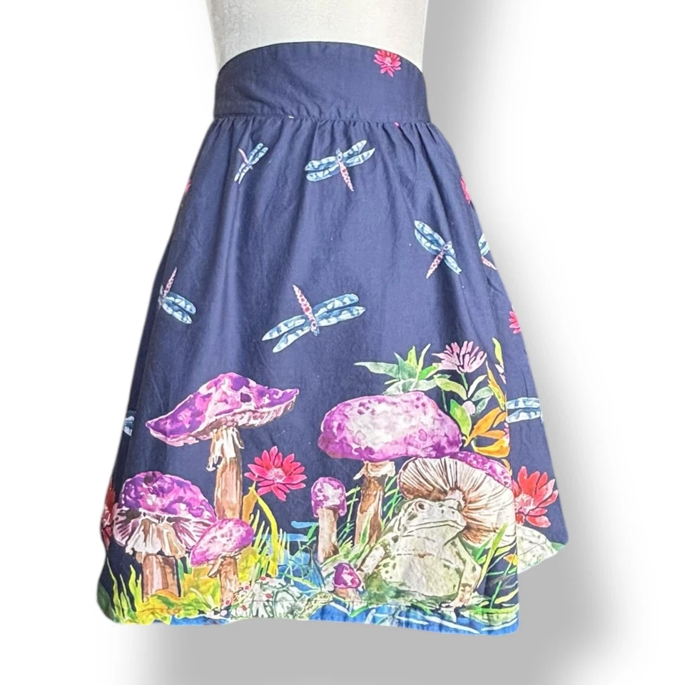 ModCloth Skirt Frogs Mushrooms Dragonflies  Animal Print A-line Size Small Navy  - Image 1 of 4