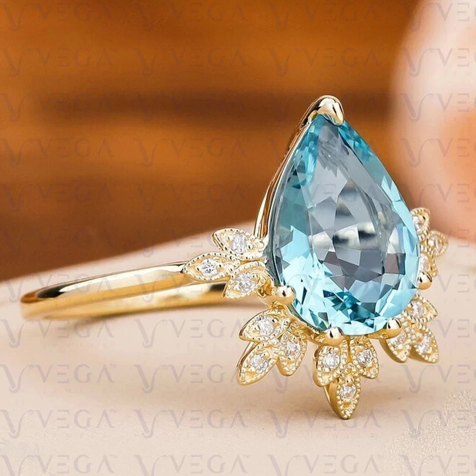 Anel de casamento feminino 3,10 quilates corte pera natural água-marinha ouro amarelo 14k sólido - Imagem 1 de 4