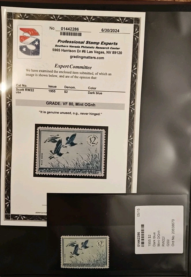 Certified By PSE - US Federal Duck Stamp # RW22 Mint ( VF ) OG NH           - Image 1 of 3