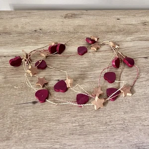 Vintage natürliche Holzperlen & Garn Girlande Herzen Sterne 9,33 Fuß lang Urlaub - Bild 1 von 4