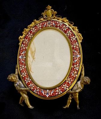 Antique French Oval Gilt Bronze Frame Champleve Enamel with Putti Cherubs - Image 1 of 4