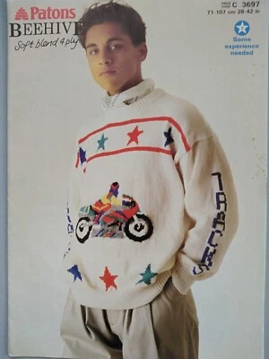 MENS MOTORBIKE SWEATER - Sizes 71-107cm, 4ply - PATONS Knitting Pattern 3697 - Image 1 of 2