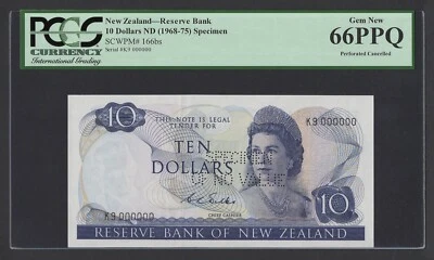New Zealand 10 Dollars ND(1968-75) P166bs "Specimen" Uncirculated Grade 66 - Image 1 of 2