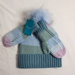 West Loop Kids One Size Winter Pom Puff Hat & Glove Set Green Blue Stripe New - Picture 1 of 5