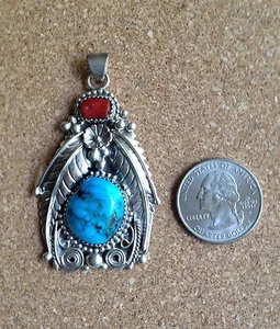 Turquoise/Coral Navajo Pendant UNISEX XL 925SS A One Of A Kind Design RARE! - Picture 1 of 3